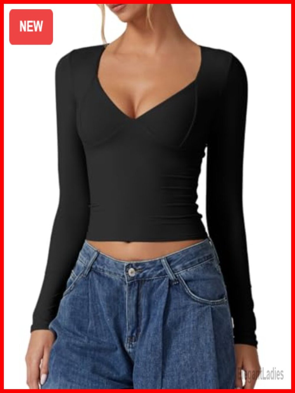 Long Sleeve V Neck Double Lined Crop Top Seamed Cup Party Tee